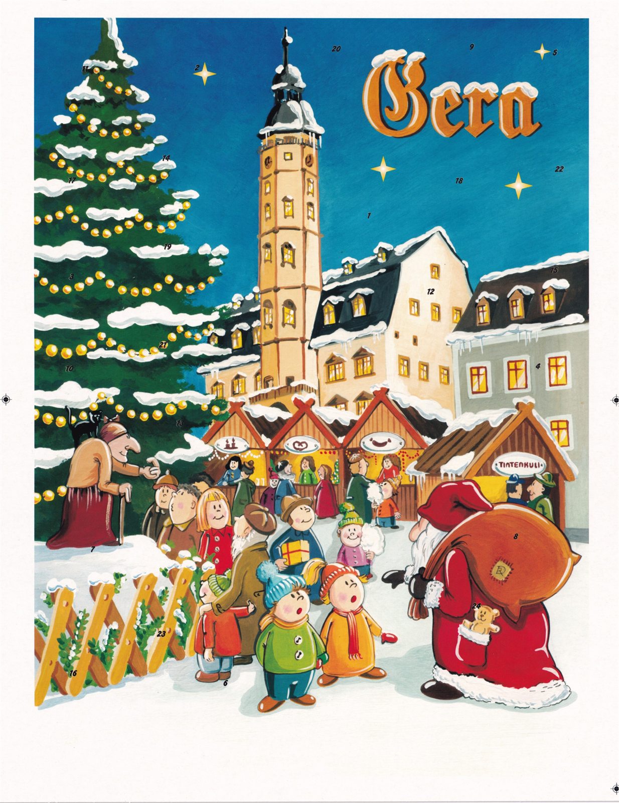 Der Geraer Adventskalender: illustrierter Weihnachtsmarkt mit Rathausturm und 24 versteckten Türchen